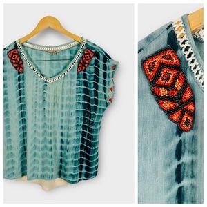 Miss Me Beaded Tie Dye Sheer Top Small. EUC.